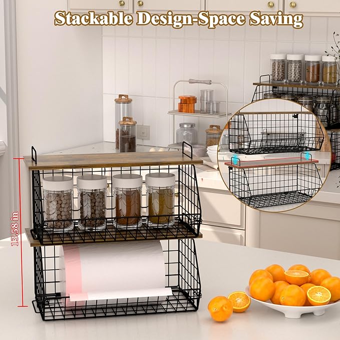 2 Pack Extra Large Kitchen Organizer Stackable Trash Bag Holder,Laundry Room Organizers Basket with Wood Top,Wall Mount Large Standard Garbage Bag Dispenser,Pantry Organizers,Under Sink Organization