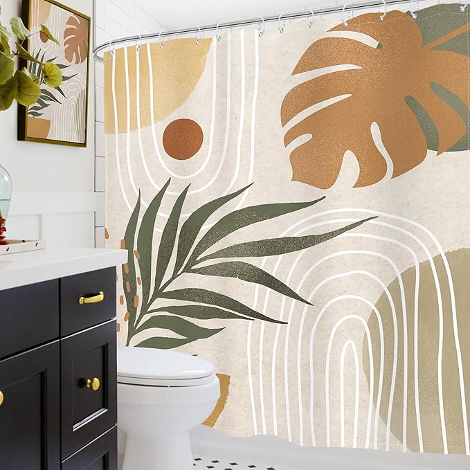 Glawry Beige Green Boho Shower Curtain Mid Century Abstract Plant Tropical Palm Leaf Minimalist Arch Geometric Bathroom Modern 72Wx78L Inches Bath Accessories Art Home Decor Fabric 12 Pack Hook