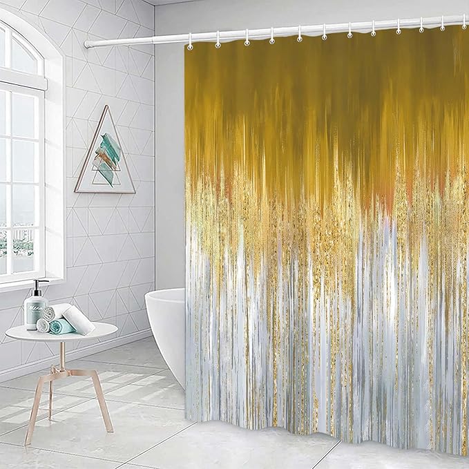 JAWO Abstract Blue Gold Shower Curtain, Marble Boho Ombre Minimalist Chic Art Shower Curtains, Modern Neutral Contemporary Striped Brush Strokes Tan Art Waterproof Bathroom Curtain with 12 Hooks