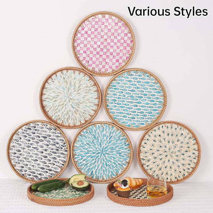 Round Rattan Tray with Mother of Pearl Inlay, Rattan Serving Tray for Coffee, Bread, Fruits, Decorative Wicker Tray for Table Decor, Home Decor, Kitchen Island Decor(Pink Checkerboard, 11.8")