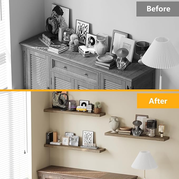 BAMEOS Floating Shelves, Wall Mounted Wooden Shelves with Invisible Brackets Set of 3, Hanging Wall Shelves Decoration for Bedroom, Bathroom, Living Room and Kitchen