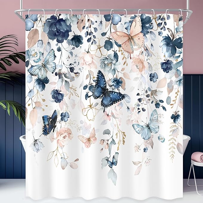 Extra Long Blue Pink Shower Curtain 72Wx78H Inch Floral Butterfly Spring Summer Plant Natural Gold Green Leaves Botanical Bathroom Set Country Woman Bath Curtain Bathtub Accessories Home Decor