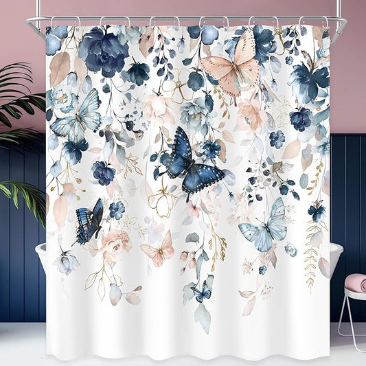 Extra Long Blue Pink Shower Curtain 72Wx78H Inch Floral Butterfly Spring Summer Plant Natural Gold Green Leaves Botanical Bathroom Set Country Woman Bath Curtain Bathtub Accessories Home Decor