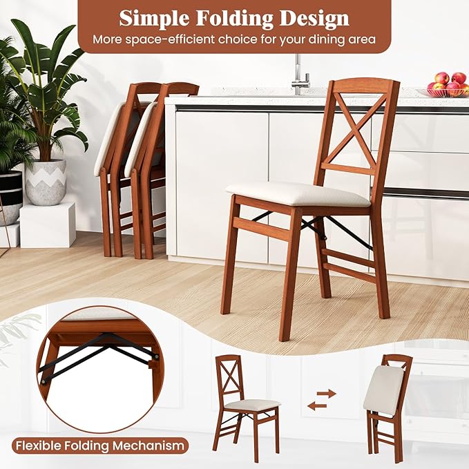 COSTWAY Folding Dining Chairs Set of 4, Upholstered Wooden Dining Room Chairs with X-Shaped Back, 400LBS Capacity and Solid Wood Frame for Kitchen Apartment (Brown & Beige)