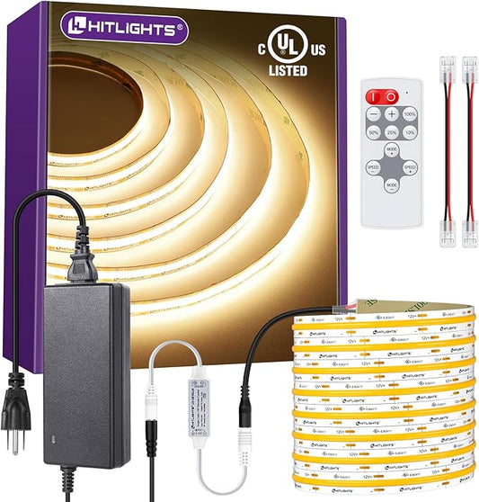 HitLights COB LED Strip Lights Kit Warm White 3000K, Dimmable Tape Light with Remote 12V Power Supply, 2640 LEDs, 426 lm/ft, CRI 90+, UL Listed, Premium Lighting for Kitchen Cabinets Bedroom,16.4ft