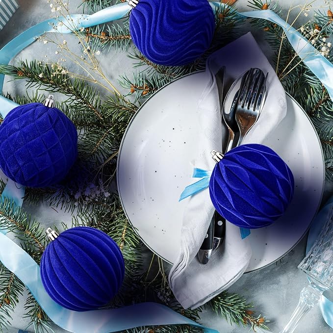 4 Pcs 4 Inch Large Velvet Christmas Ball Ornaments Vintage Christmas Plastic Ball Ornaments Flocked Tree Hanging Decoration for Xmas Party Wedding Home Decor(Deep Blue)