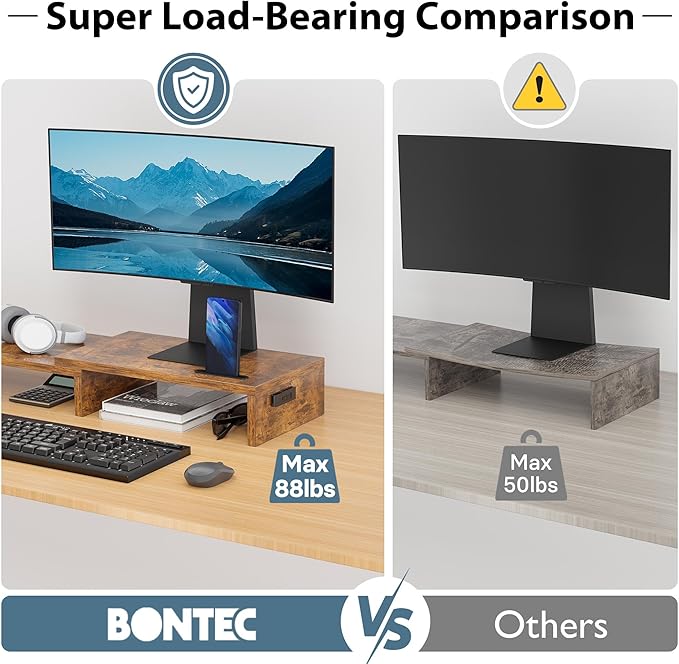 BONTEC Dual Monitor Stand for Desk, Adjustable Length and Angle Monitor Stand Riser with Smartphone Holder, Desk Shelf for Top of Desk, Computer Monitor Stand with Storage, Office Desk Organizer, Rustic Brown