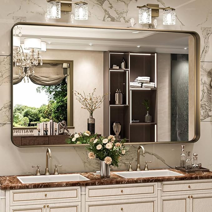 Bronze Bathroom Mirror 60x36 Inch, Brushed Bronze Metal Frame Mirror for Wall, Rounded Rectangle Bathroom Vanity Mirror with Tempered Glass, Anti-Rust, Horizontal/Vertical