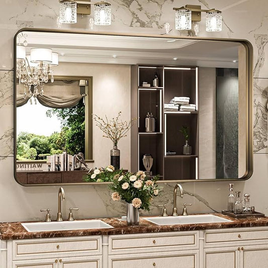 Bronze Bathroom Mirror 60x36 Inch, Brushed Bronze Metal Frame Mirror for Wall, Rounded Rectangle Bathroom Vanity Mirror with Tempered Glass, Anti-Rust, Horizontal/Vertical