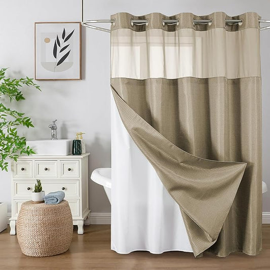 Colorful Star No Hook Shower Curtain with Snap in Fabric Liner, Waffle Weave Heavy Duty Thick Shower Curtains with Mesh Top Window, Hotel Style Waterproof Bathroom Curtain Set, 72 x 81 Inch, Beige