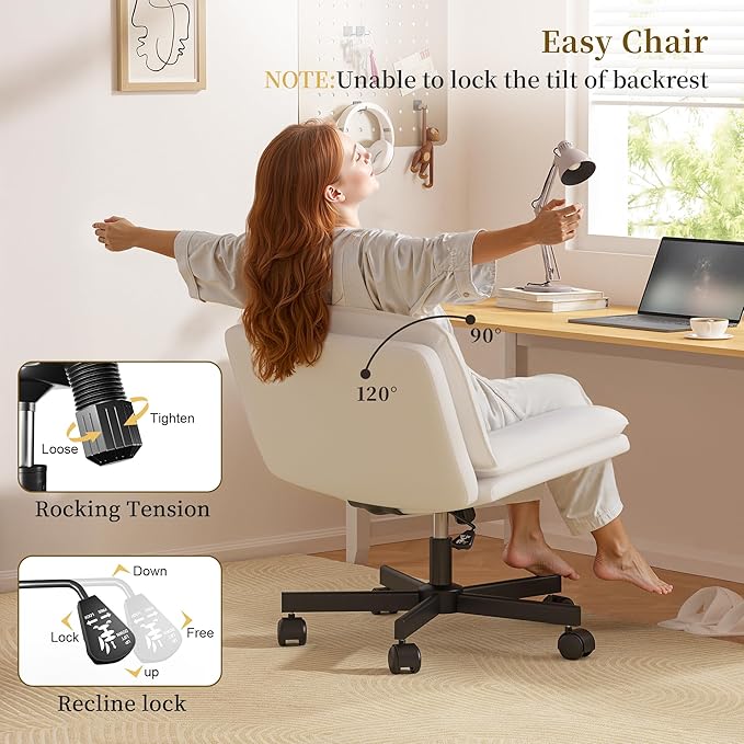 Armless Criss Cross Chair with Wheels, Leather Cross Legged Office Chair with 2-Layer Cushion,Swivel Modern Home Office Desk Chair 25.5" Wide Seat Height Adjustable,Comfy Vanity Chairs,Beige