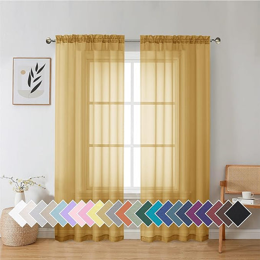 Aiyufeng Gold Sheer Curtains 72 Inch Length 2 Panels Set, Light Filtering Gold Window Curtain Drapes Treatment for Kitchen, Bedroom,Children Room, Dual Rod Pocket, 2 Pack of 42 x 72"