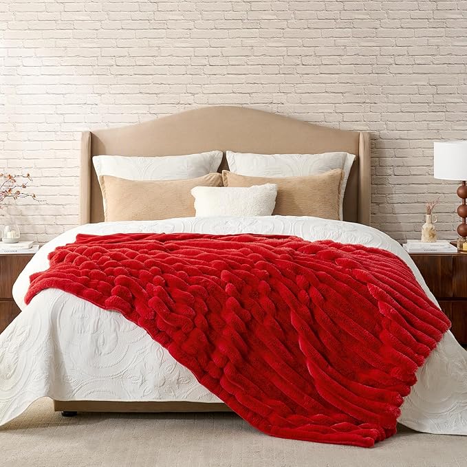 Cozy Bliss Faux Fur Throw Blanket for Couch, Cozy Warm Plush Striped Blanket for Sofa Bedroom Living Room, 50 * 60 Inches Cardinal Red
