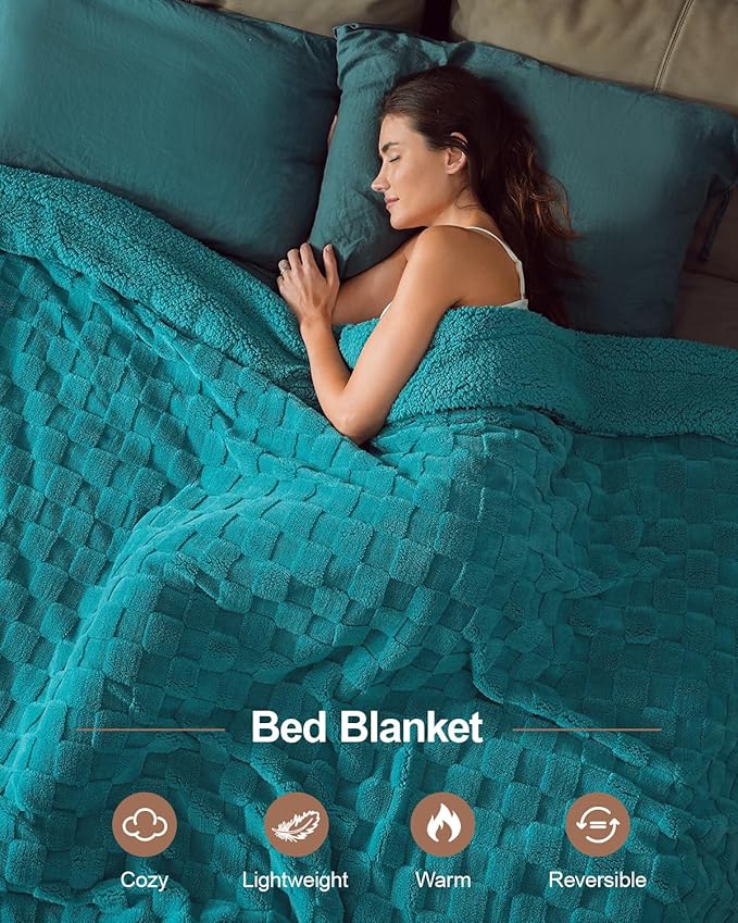 Pawque Super Soft Cozy Throw Blanket Queen Size for Couch Bed, Fluffy Sherpa Fleece Reversible Thick Warm Fuzzy Blanket for All-Season, 3D Checkered Jacquard Decorative Blankets, Teal Green, 90"x90"
