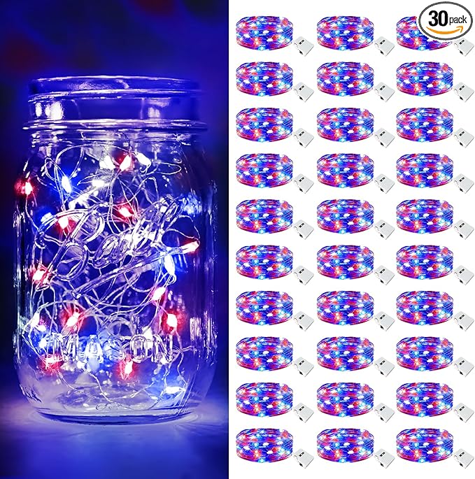 btfarm 4th of July Patriotic Fairy Lights Battery Operated, 30 Pack Red White Blue 3 Modes Twinkle String Lights, 7ft 20 Led Independence Day Mini for Mason Jars Vases Table Centerpiece Decorations