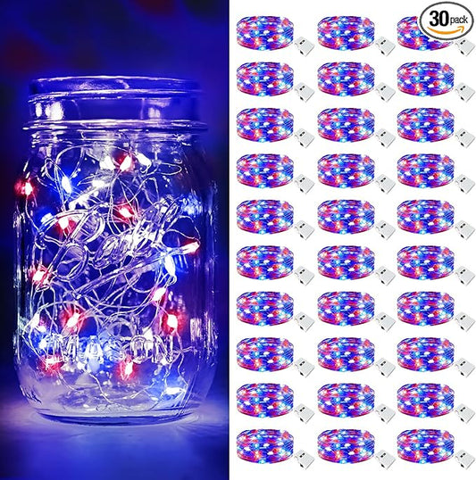 btfarm 4th of July Patriotic Fairy Lights Battery Operated, 30 Pack Red White Blue 3 Modes Twinkle String Lights, 7ft 20 Led Independence Day Mini for Mason Jars Vases Table Centerpiece Decorations