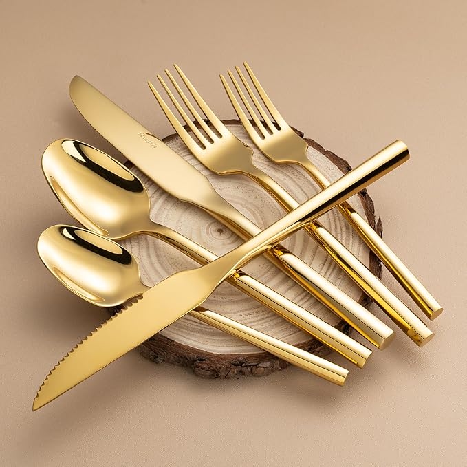 Gold Silverware Set with Steak Knives,Zerophilo Flatware Set with Hexagon Handle 24 Pieces 18/0 Stainless Steel Mirror Polished Cutlery Set for 4,Dishwasher Safe
