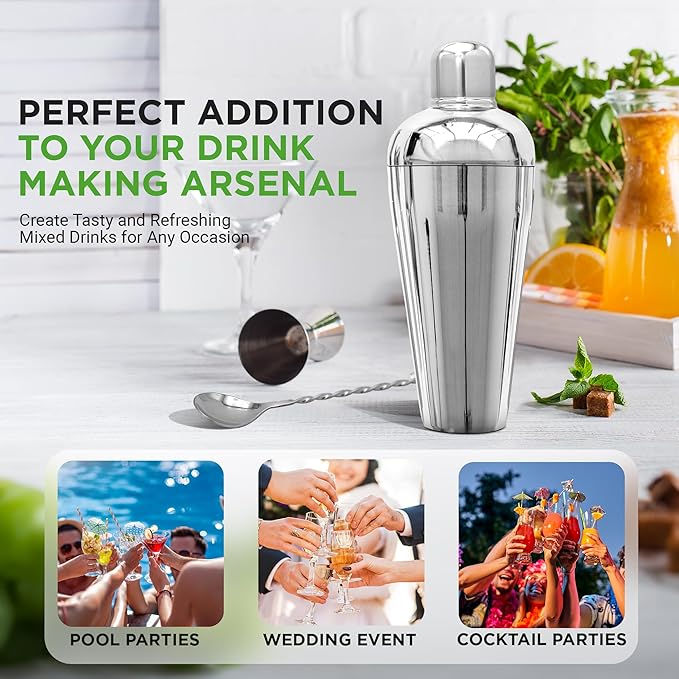 NutriChef 3 Piece Bartender Set | Professional Margarita Mixer & Cocktail Shaker Set Includes Cocktail Shaker, Jigger & Bar Spoon | Bartender Martini Mixology Barware | Perfect for Homes & Bars