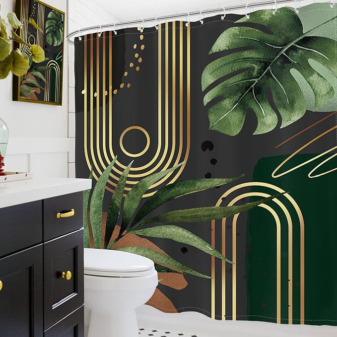 Glawry Dark Green Gold Boho Mid Century Shower Curtain Extra Long Abstract Minimalist Geometric Tropical Modern Leaf Bathroom Simple 72Wx78L Inches Bath Accessories Art Home Decor Fabric 12 Pack Hook