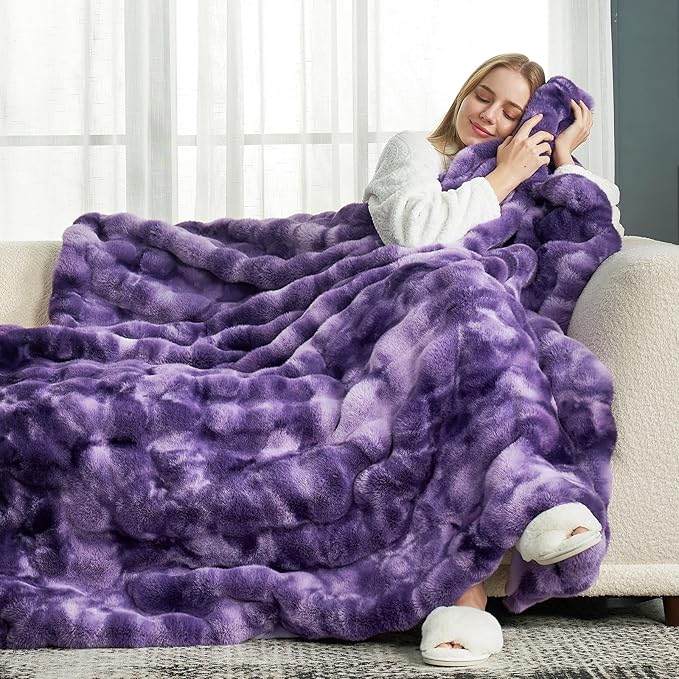Cozy Bliss Faux Fur Throw Blanket for Couch, Fuzzy Soft Plush Thick Bubble Blanket for Sofa Bedroom Living Room, 60 * 80 Inches Tie-dye Purple