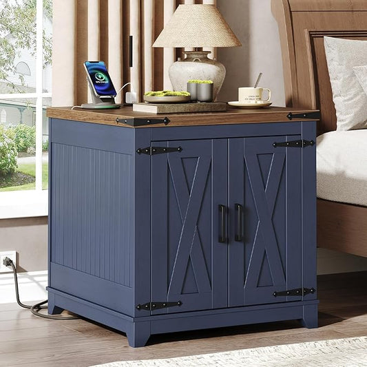 Farmhouse Side Table, Large End Table with Charging Station, Bedside Table with Adjustable Shelf and Barn Door, Wooden Nightstand for Living Room, Bedroom, Ink Blue and Walnut