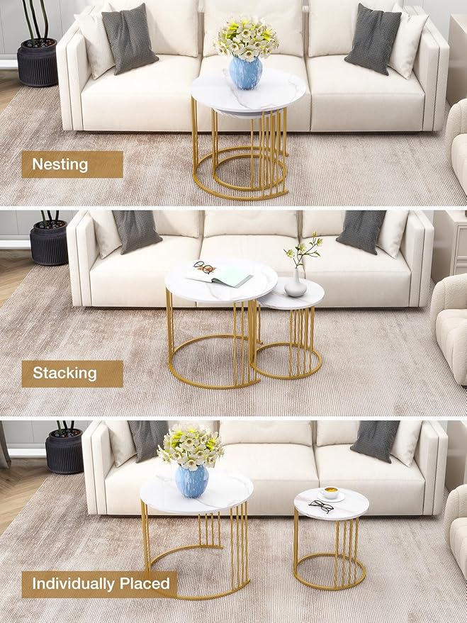 Nesting Coffee Table Set of 2, Round Table, Morden End Side Table Night Stand for Bedroom Dining Room (Marble White)