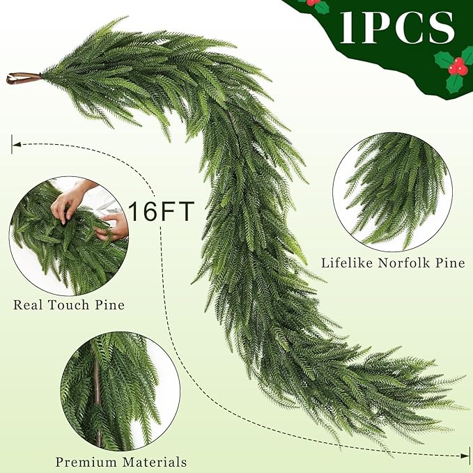 Christmas Norfolk Pine Garlands - 16ft Artificial Garland Faux Green Fake Pine Needles Garland for Fireplace,Table,Window,Stairs,Mante,Holiday Indoor Outdoor Xmas Decor(1PCS)