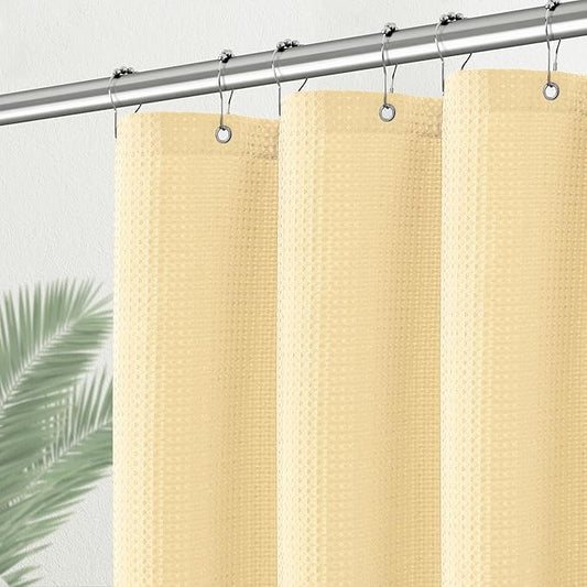Beige Stall Fabric Shower Curtain - Water Repellent Waffle Textured 256GSM Heavy Duty Cream Shower Curtains for Bath Tubs, Narrow Hotel Quality Ivory Bath Curtain Set with 6 Hooks, 36Wx72H