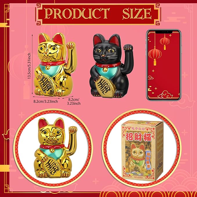 2 Pcs 5 Inch Lucky Cat Waving Arm Maneki Neko Lucky Fortune Cat Chinese Fengshui Welcoming Decoration for Home Office Restaurant Shop Gifts Decor Battery Operated (Battery Not Included)
