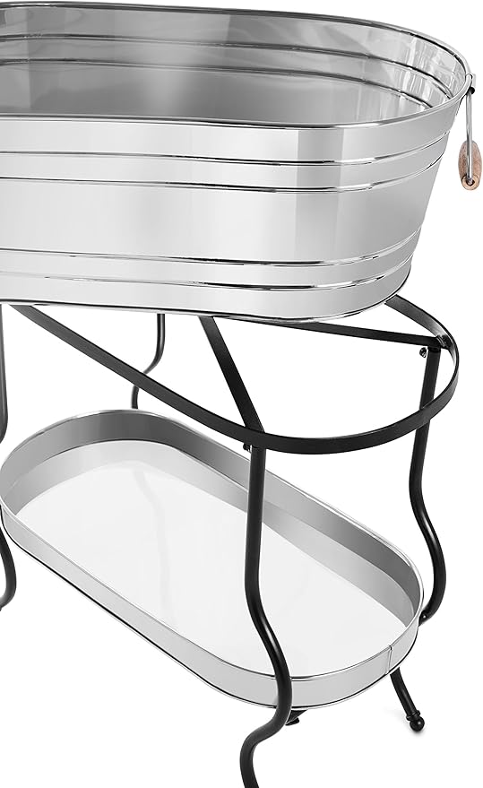 BIRDROCK Home Stainless Steel Beverage Tub with Stand - Bottom Tray - Ice Bucket - Party Drink Holder - Wooden Handles - Outdoor or Indoor Use - Free Standing