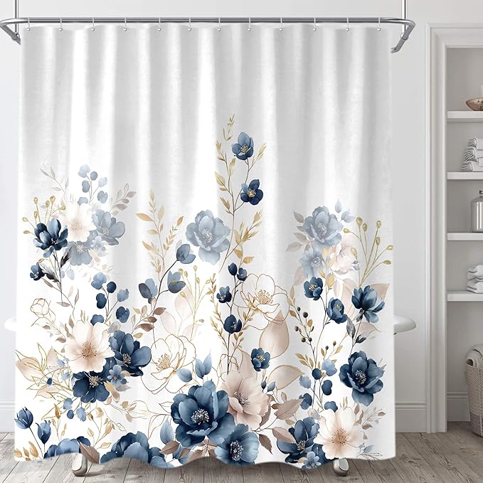 Sanzugh Navy Blue and Gold Flower Shower Curtain, Boho Watercolor Floral Leaves Cute Fabric Shower Curtains Set for Bathroom Decorative with Hooks 72 X 72 inch Beautiful Bath Decor