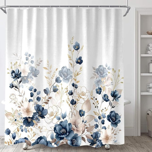 Sanzugh Navy Blue and Gold Flower Shower Curtain, Boho Watercolor Floral Leaves Cute Fabric Shower Curtains Set for Bathroom Decorative with Hooks 72 X 72 inch Beautiful Bath Decor