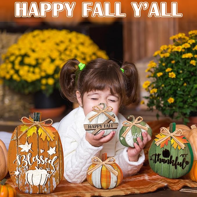 5 Pcs Fall Rustic Pumpkin Decor for Home Thanksgiving Wooden Table Centerpiece Decorations Fall Wooden Pumpkin Signs for Autumn Farmhouse Living Room Kitchen Mantle Tabletop Supplies