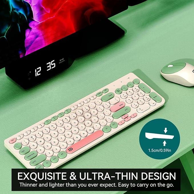 FD Wireless Keyboards and Mouse Combo - 2.4GHz USB Cordless, Cute Wireless Keyboard Round Keys, Quiet and Slim Set for Laptop, Computer, TV and Mac - Milky White Green Colorful
