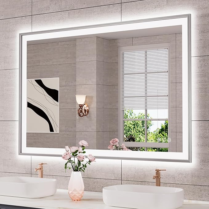 48x32 Silver LED Bathroom Mirror, Rectangle Brushed Nickel Lighted Mirror for Wall, Stepless Dimmable Led Vanity Mirror with Front-lit and Backlit, Tempered Glass, Anti-Fog, Memory