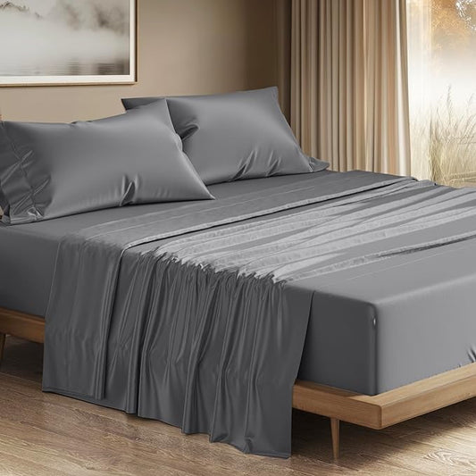 THREAD SPREAD 100% Egyptian Cotton King Size Sheets Set - Luxury 1200 Thread Count Egyptian Cotton Sheets King Size, 17" Deep Pocket, Soft, Cooling Sateen Weave Hotel Quality Bedding Set - Dark Grey
