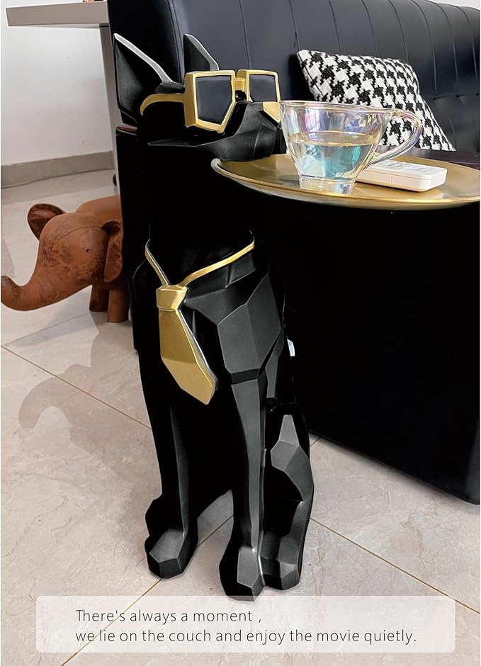 Beautiful and Elegant Decorative Pieces for Home, Dog Side Table with Tray and Storage，Dog 3D Sculpture Coffee Table Unique Home Decor(Black)