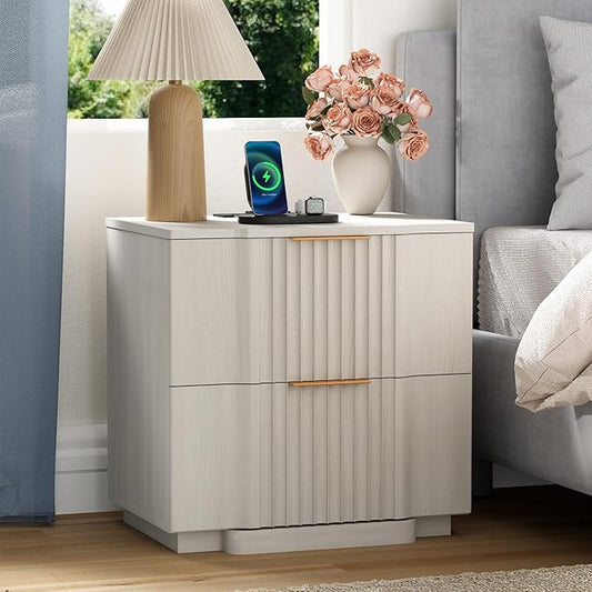 Yechen Fluted Nightstand with 20W Fast Charging Station – Modern Large Night Stand with 2 Storage Drawers, Wide Wood Bedside End Table for Bedroom with Curved Profile Base, White Oak
