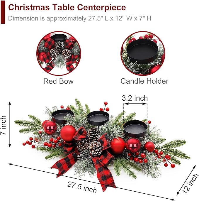27.5-Inch Christmas Table Centerpiece with Candle Holders, Red Berries, and Pine Cones