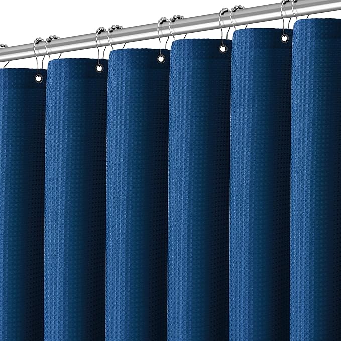 Classic Blue Fabric Shower Curtain for Bathroom Stall, 60 inche Waffle Weave Machine Washable Waterproof 256GSM Heavy Duty Weighted Bath Curtain Set with 10 Metal Hooks, 60Wx72H