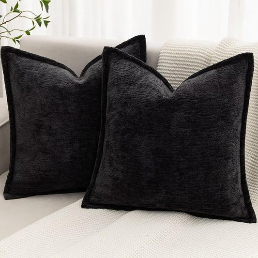 Black Decorative Throw Pillow Covers 26x26 Inch Set of 2 Cozy Soild Chenille Cushion Cases Soft Textured Square Couch Pillows Cover Boho Accent Farmhouse Pillowcases for Sofa Bed