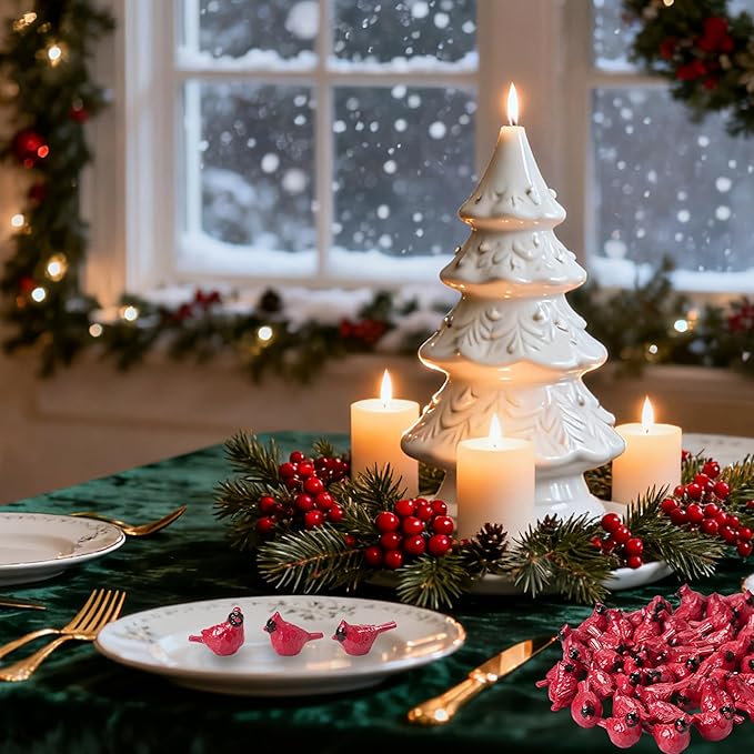 50PCS Small Cardinal Figurines for Christmas, Mini Cardinals, Resin Red Birds Miniatures, Festive Decor for Tree, Wreaths, Village Displays, Trays, Holiday Crafts