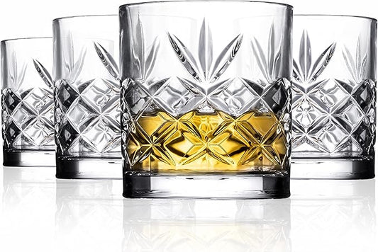 Royalty Art Whiskey Glasses - Set of 4 Premium Crystal Tumblers with The Distinctive Kinsley Design - Perfect for Bourbon, Scotch, Whiskey, and Cocktails - Ideal Gift for Enthusiasts 10.6 oz