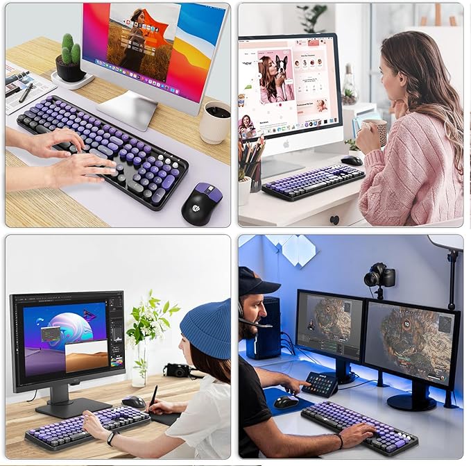 FD Wireless Keyboard and Mouse Combo | Cute Colorful Keyboard and Mouse with 2.4GHz Cordless Retro Typewriter Keyboard | Auto-Sleep | USB Receiver for Windows PC/Laptop - Black Purple Gradient