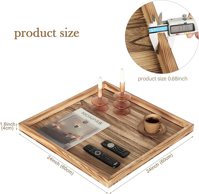 Square Ottoman Table Tray 24" - Rustic Wooden Serving Tray for Farmhouse Decorative Oversized Coffee Table Trays Living Room Kitchen Counter Breakfast Nature