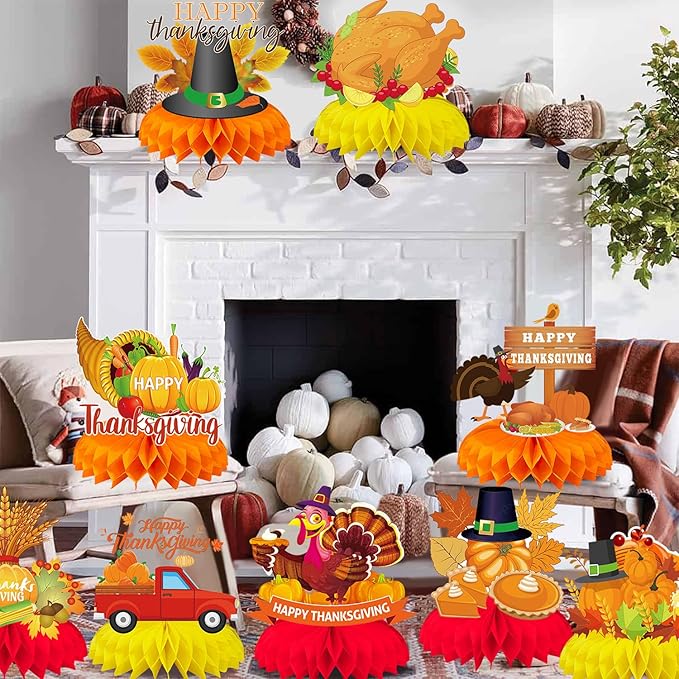9Pcs Thanksgiving Centerpiece Fall Centerpiece Table Decorations Pumpkin Turkey Honeycomb Thanksgiving Table Centerpiece for Thanksgiving Table Decoration Autumn Theme Birthday Party Supplies
