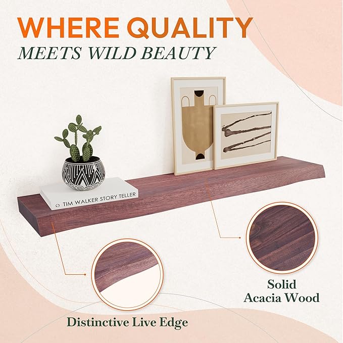 24" Acacia Live Edge Floating Shelves Set of 2 - Wall Mounted Wooden Shelf for Stylish Home Décor - Cherry Color 24x7.5x1.5 Inches