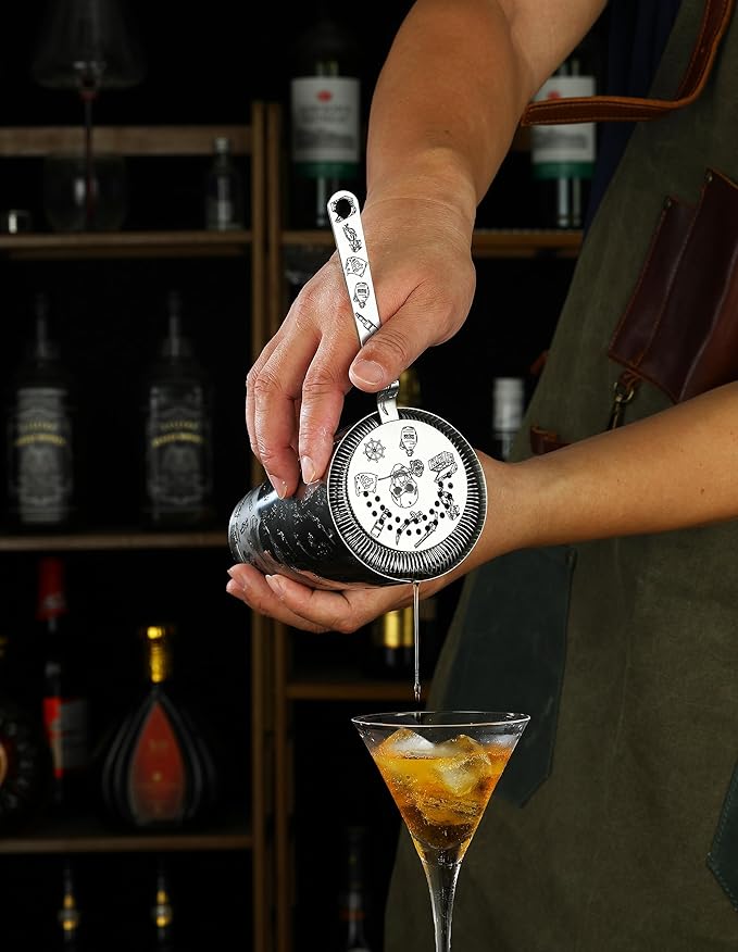 Cocktail Shaker Set - 5-Piece Bar Accessories Kit w/Weighted Boston Shaker, Strainer, Jigger, Mixing Spoon with Etched Skull Rose Pattern