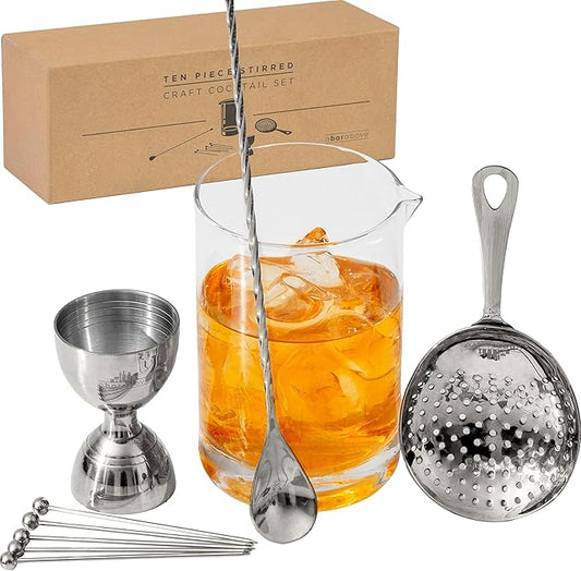 A Bar Above 10-Piece Stirred Cocktail Kit, Premium Crystal Mixing Glass Set for Home Bar, Includes Bar Spoon, Julep Strainer, Mixing Glass, Ideal for Martinis, Manhattans, Old Fashioneds, More