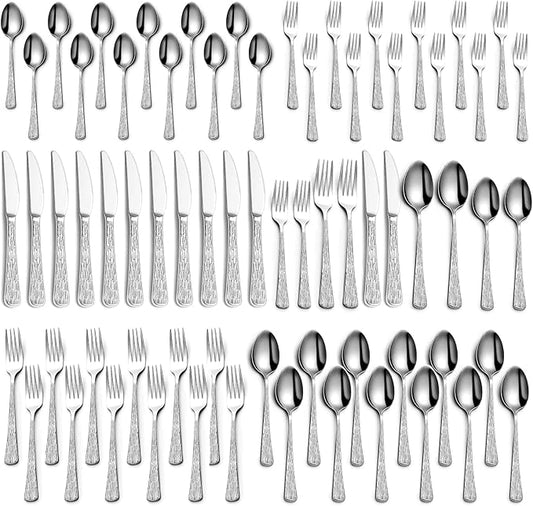 Yoehka 60-Piece Hammered Silverware Set for 12, Stainless Steel Flatware Set with Tree Pattern Handles, Mirror Polished Cutlery/Utensils Set for Home, Restaurant, Hotel, Dishwasher safe